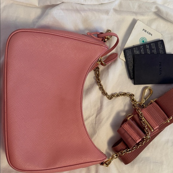 Prada Pink Saffiano Leather Shoulder Bag with Gold Chain Detail - Picture 3 of 14